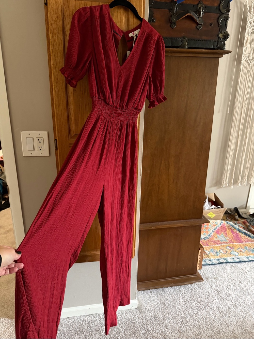 NWT Boden Burgundy Red Smocked Waist Wide Leg Jumpsuit 14R